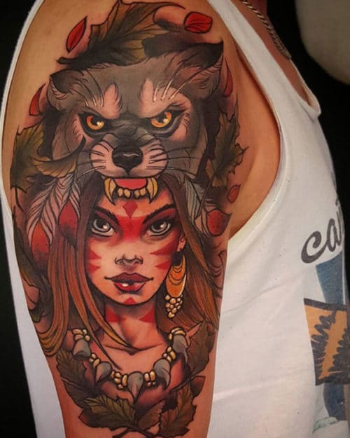 wolf with girl tattoo