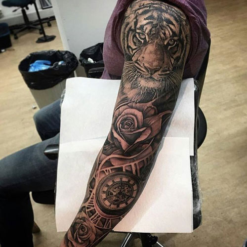 Lion, Rose, Clock Tattoo