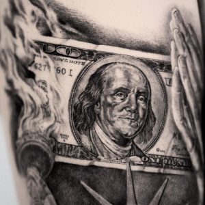 Ben Franklin 100 Dollar Bill Burning Tattoo 100+ Cool Money Tattoos For Men