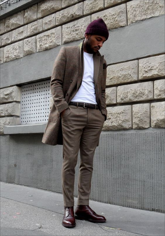 Brown Pants, White T Shirt, Printed Brown Blazer, Burgundy Shoes And A Hat For Cold Weather