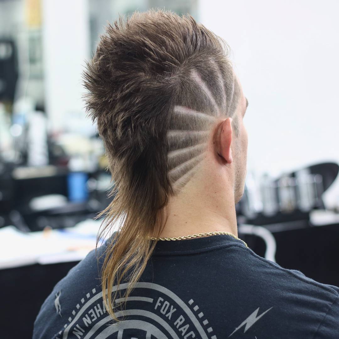Burst Fade Mohawk With Lines Design Top 40 Modern Mullet Hairstyles For Men Classic Mullet For Men
