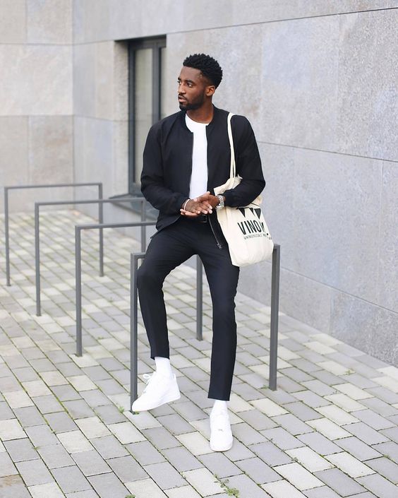 Navy Bomber Jacket, Navy Pants, White T Shirt, White Sneakers And Tote For A Simple Fall Look