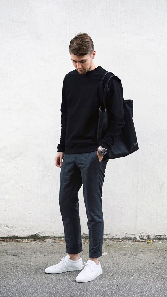 Simple Look With Grey Pants, Black Sweater, White Sneakers And Black Tote