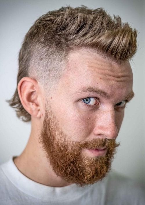 Top 40 Modern Mullet Hairstyles For Men Classic Mullet For Men Blonde Brush Up With Taper Fade