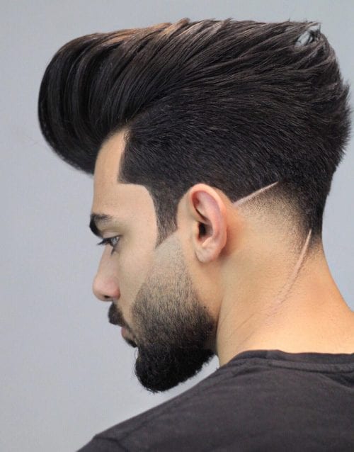 30 Cool Neckline Hair Designs, Men’s 2020 Hairstyles Trends Pompadour With Duck Tail And Hard Line Design