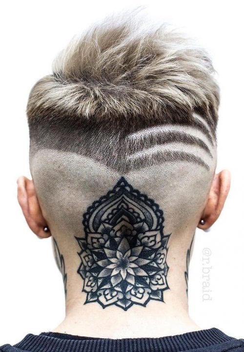 30 Cool Neckline Hair Designs, Men’s 2020 Hairstyles Trends Striped Neckline With Tattoo