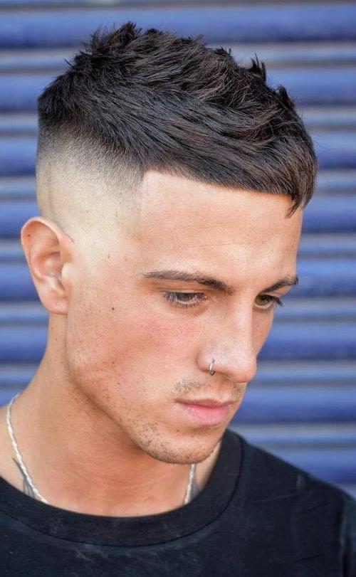 Short Faux Hawk With With Angular Fringe Crop Top Fade Haircut For Summer 2020 Men's Hairstyle