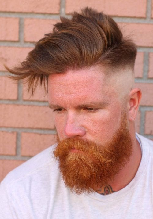 30 Men's Red Color Hairstyles Flowy Side Part With Faded Undercut