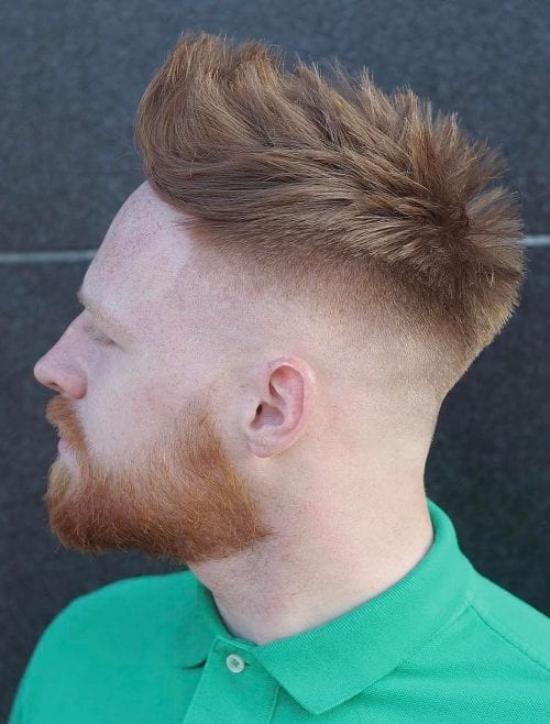 30 Men's Red Color Hairstyles Faux Hawk With Skin Fade + Beard