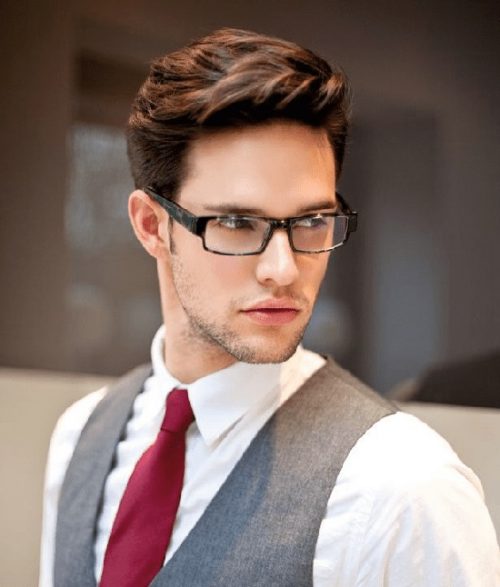 50+ Best Haircuts For Men With Glasses Messy Quiff Hairstyle With Full Rim Glasses