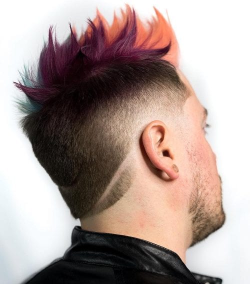 Neckline Hair Designs + Faux Hawk + Dyed Top + Front Highlights Best Hair Dyes For Men Mens Hair Color Trends 2021 Colorful Hairstyle Ideas For Men