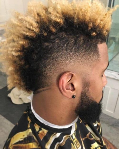 Curly Blonde Mohawk With Low Fade And Beards