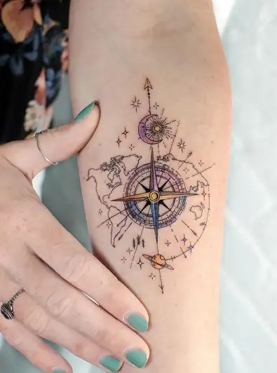 Compass Arm Tattoo With World Map 010