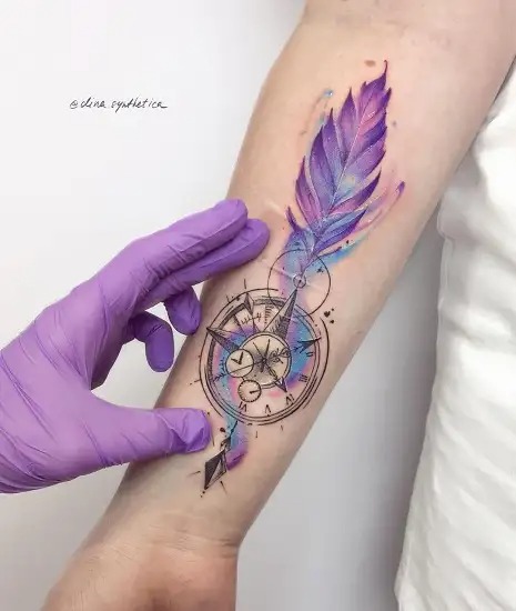 Compass Tattoo With Purple Feather 044