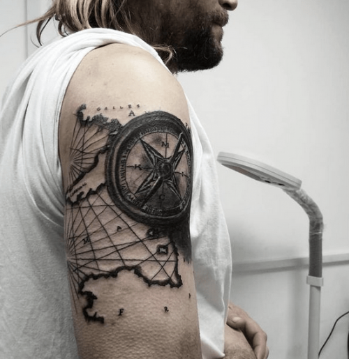 Compass Arm Tattoo With World Map 09