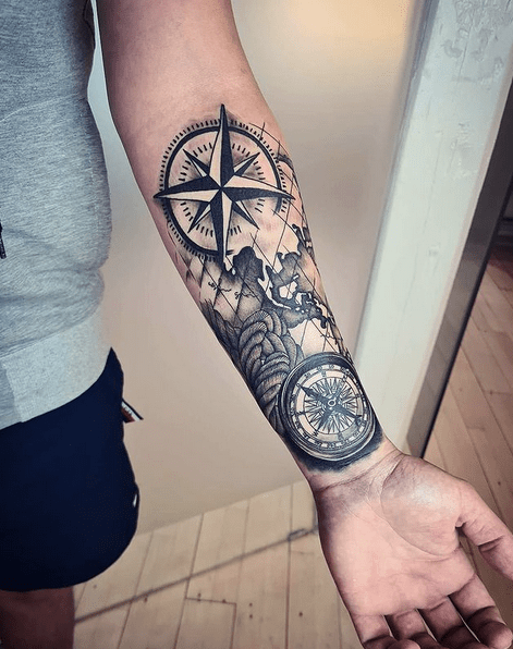 Compass Arm Tattoo With World Map 08
