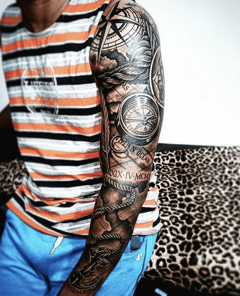 Compass Arm Tattoo With World Map 07