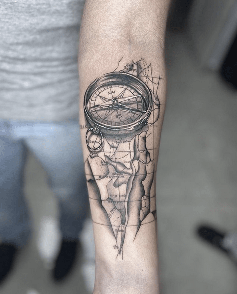 Compass Arm Tattoo With World Map 06