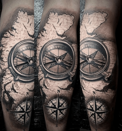 Compass Arm Tattoo With World Map 04