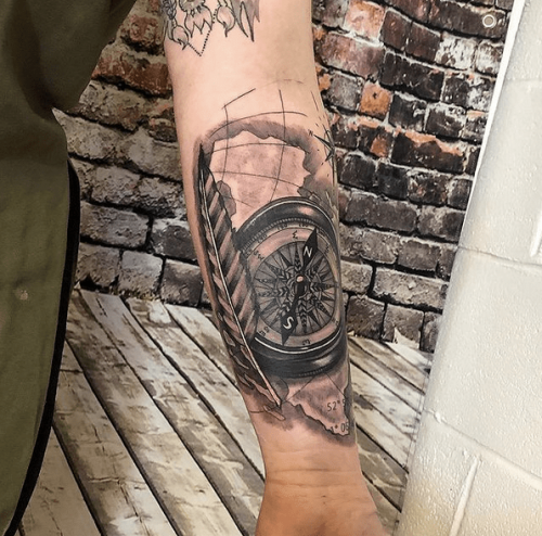 Compass Arm Tattoo With World Map 03