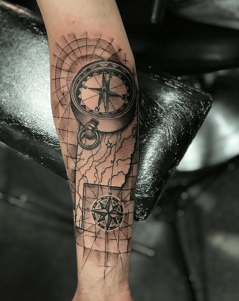 Compass Arm Tattoo With World Map 02