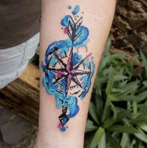 Watercolor Compass Tattoo Design 07