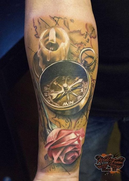 3D Tattoo With Combination Of Compass, Rose And Candle 116