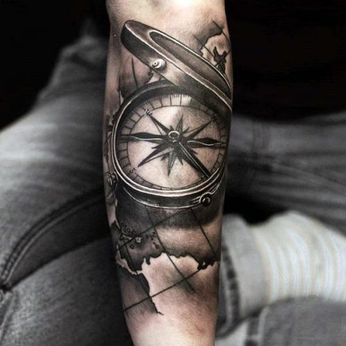 Realistic Compass Ink On The Map In Grey Shade On Forearm 115