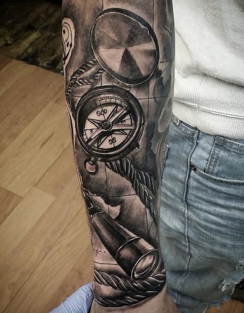 Nautical Monocular And Compass Sleeve Ink In Greyscale 104