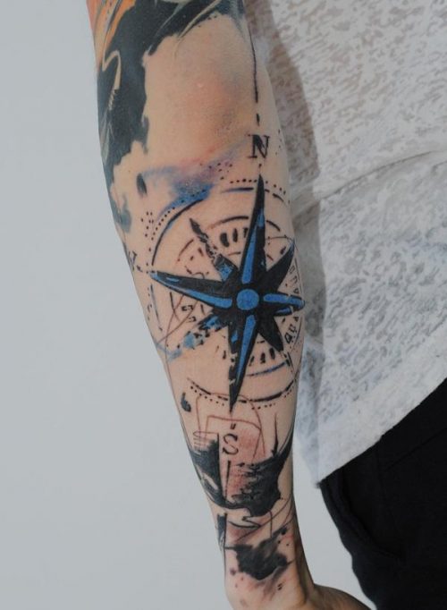 Realistic Compass With Map Tattoo On Sleeve 103