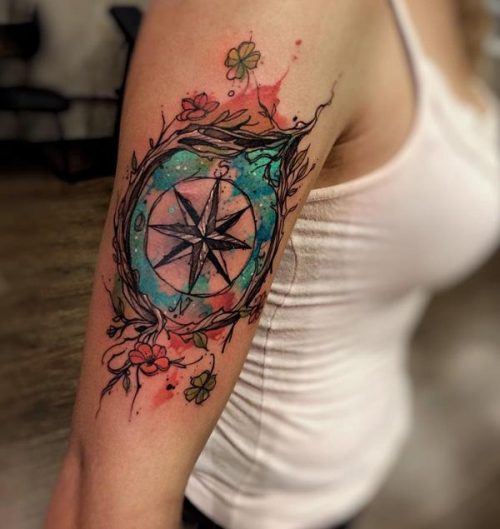 Watercolor Compass Sleeve Tattoo 102