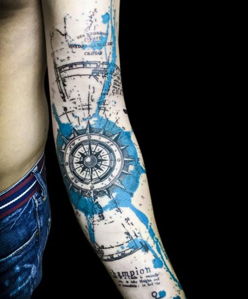 Full Sleeve Tattoo With Nautical Compass And Map In Watercolor Style 101