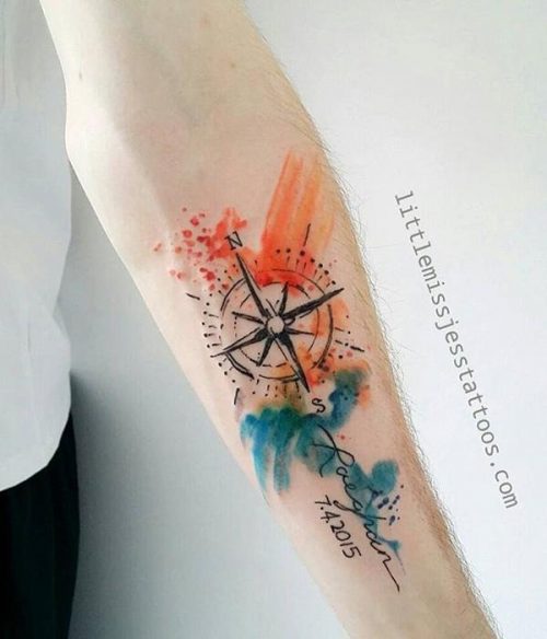 Cool Wind Rose Tattoo With Name And Date In Watercolor Style On Sleeve 100