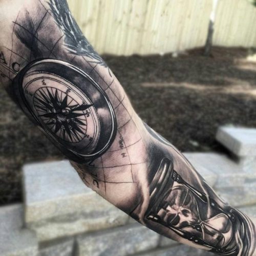 Compass And Hourglass Full Sleeve Tattoo For Man 98