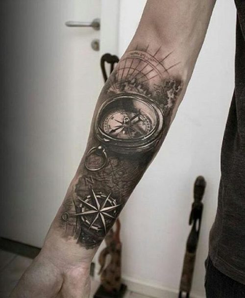 Black And White Compasses Ink Art On Forearm 96