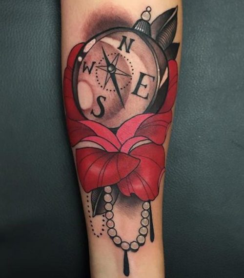 Personalized Compass Ink With Flower And Chain On Forearm 92