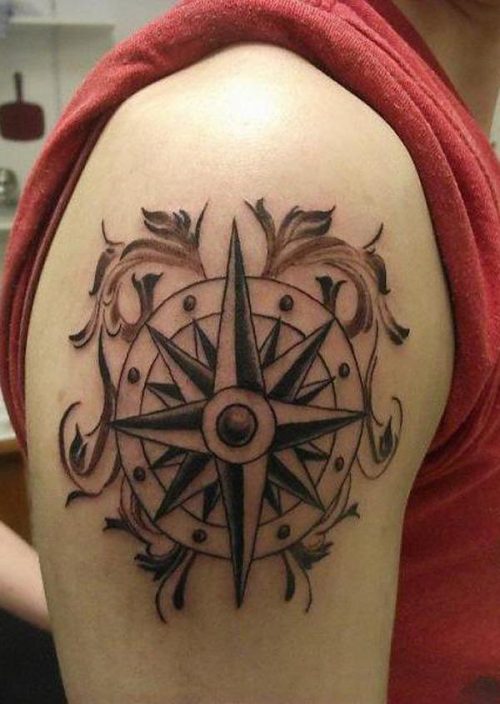 Black And Grey Compass And Rose Tattoo On Shoulder 84