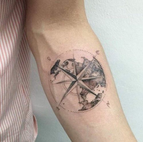 Blackwork With Compass And Forest On Forearm 83