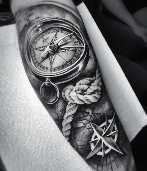 Compass Tattoo Design Black & White Print 69