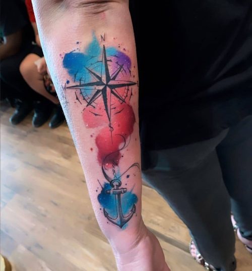 Compass Tattoo Forearm Colorful Idea 67