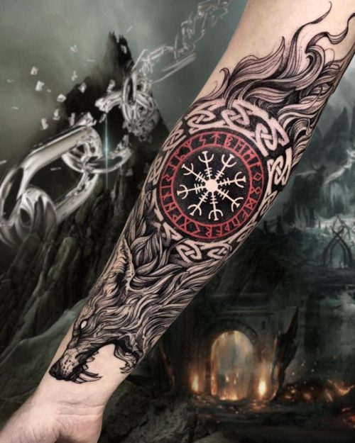 Aegishjalmur Tattoo + Werewolf On Forearm