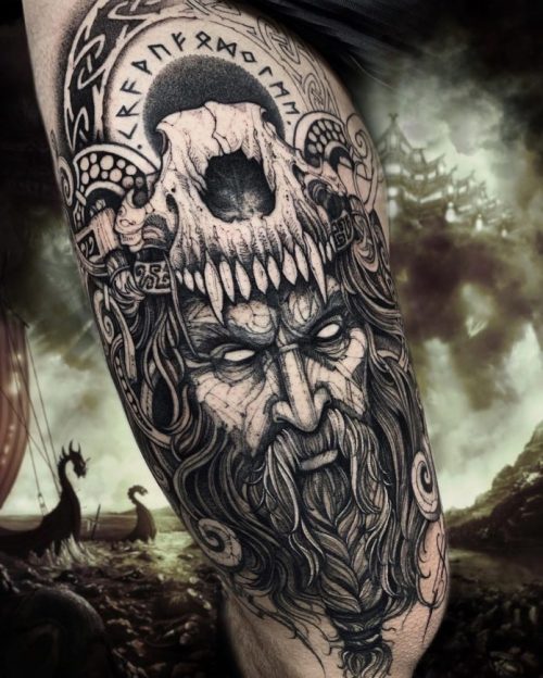 Amazing Viking Face Tattoo With Animal Skull On Thigh