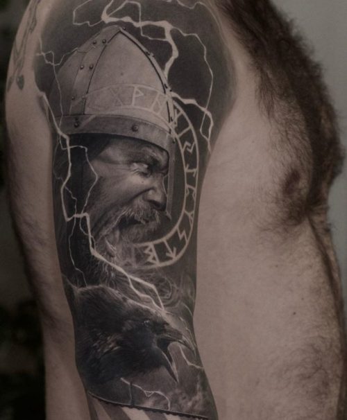 Angry Viking + Raven Shoulder Tattoo