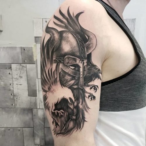 Armed Viking Tattoo + Raven On Shoulder
