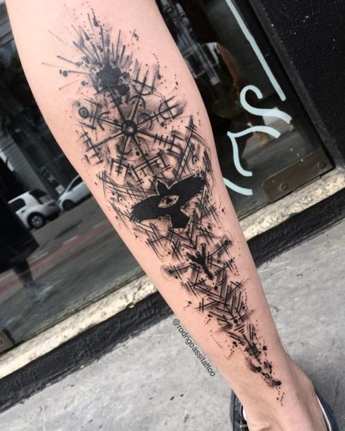 Crow Tattoo + Vegvisir Symbol On Calf
