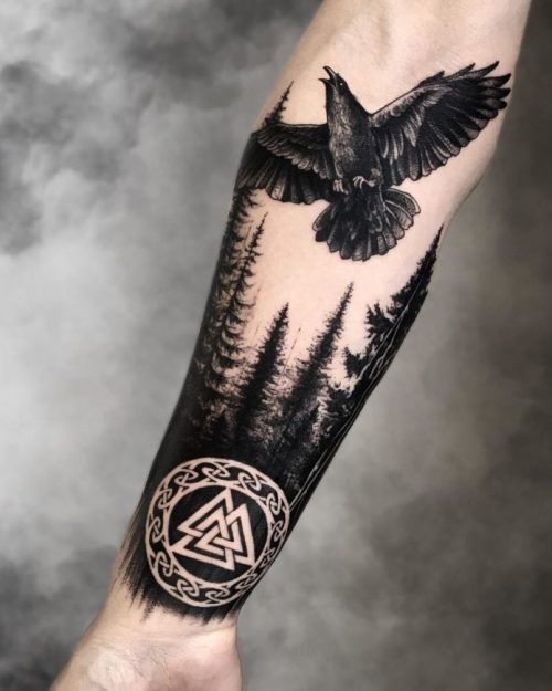 Crow Tattoo In The Forest + Valknut Symbol On The Forearm