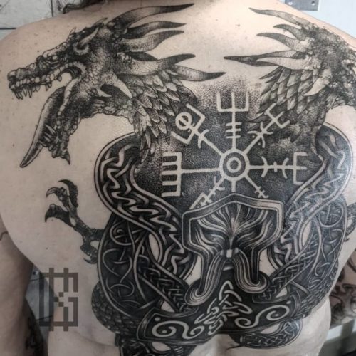 Large Dragon Tattoo + Symbol + Viking On Back