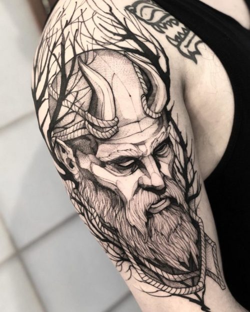 Mimir God Of War Tattoo On Shoulder