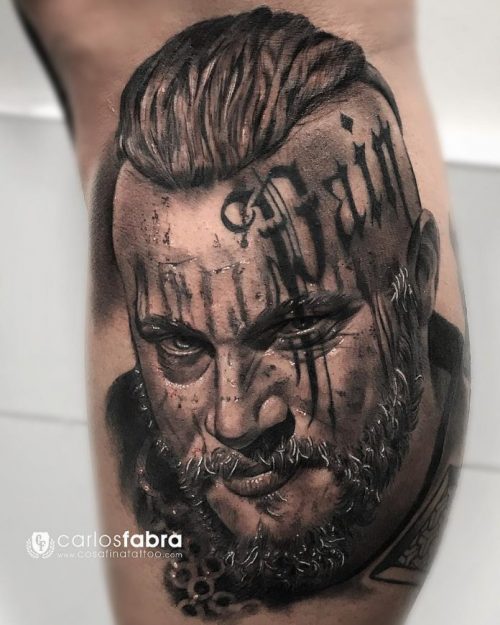 Ragnar Lothbrok Tattoo On Calf From Vikings TV Series