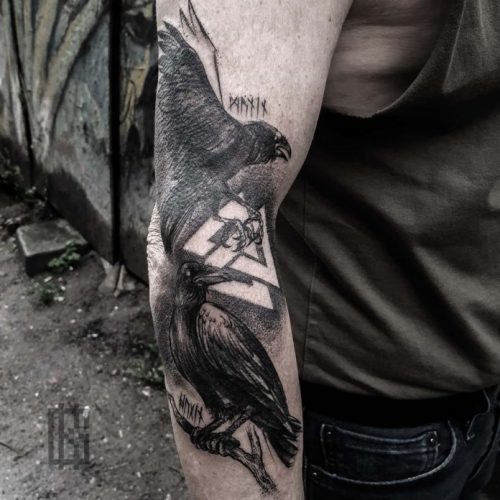 Raven Tattoo With Viking Symbol On Forearm